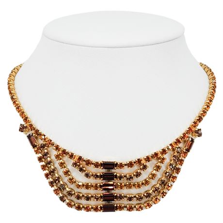 Vintage Amber & Rootbeer Prong Set Rhinestone Bib Necklace