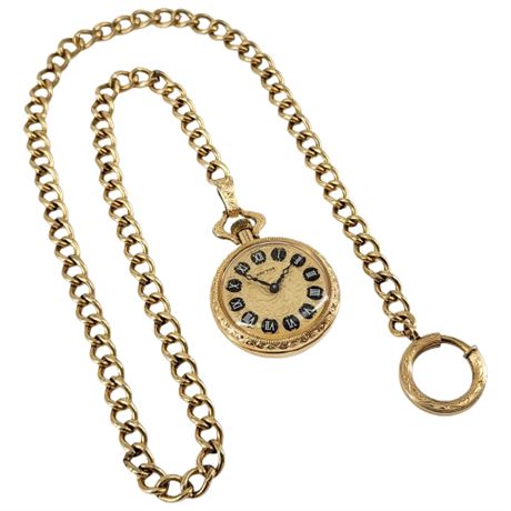 Vintage Arctos Small Gold Plated Pocket Watch w/ Gold Filled Chain