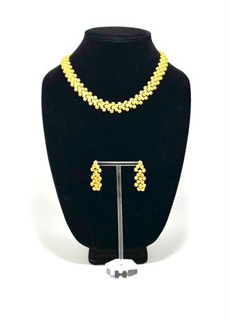 Vtg Gold Tone 3-Row Textured Choker Necklace with Matching Earrings