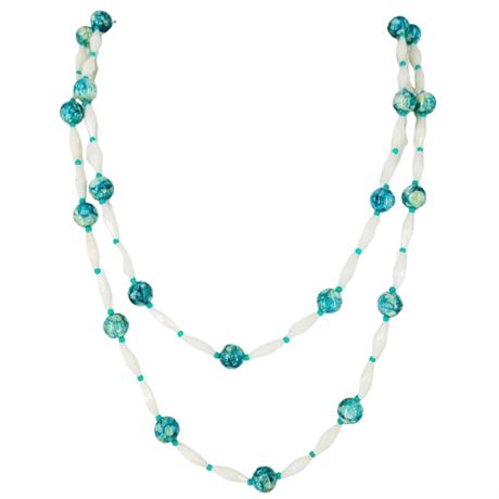 Vintage White and Marbled Blue Bead Long Necklace