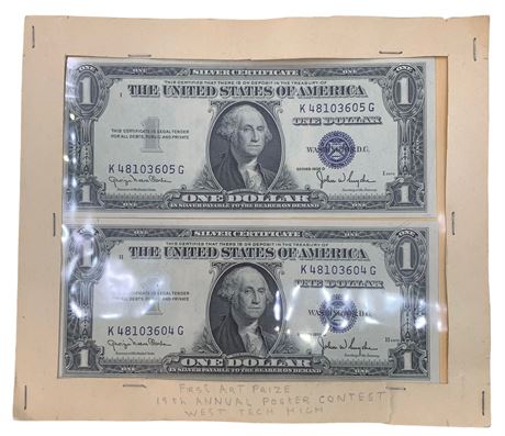 Two 1935 D Uncirculated Silver Certificate $1 Paper Money Bills