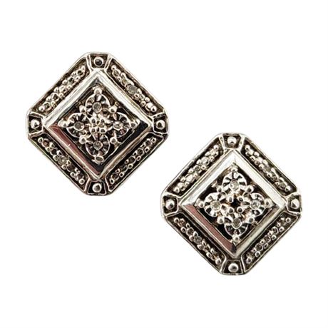 Modern Sterling Silver Diamond Chip Post Back Earrings