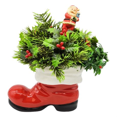 Vintage Ceramic Santa Boot w/ Plastic Greenery & Santa Figurine