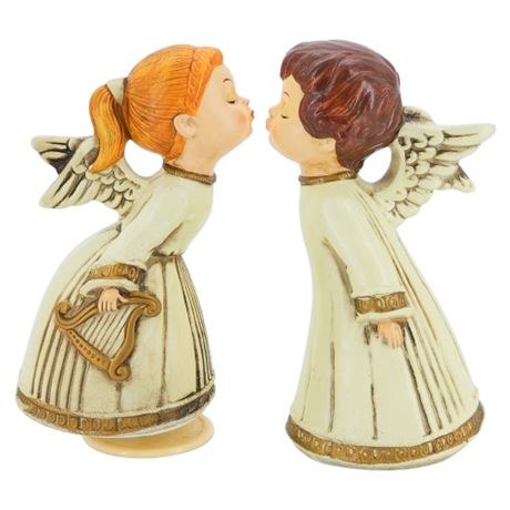 Vintage Made in Japan Kissing Angel Figurines w/ Music Box Girl