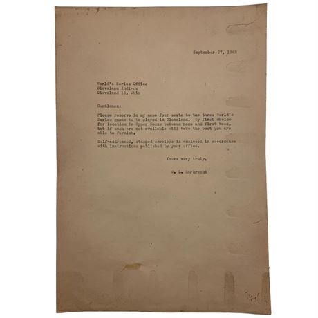 1948 Letter for Cleveland Indians Seats at The World’s Series Cleveland Game