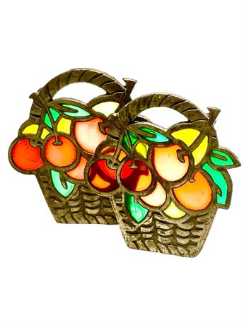 Vtg Stained Glass Bowl of Cherries Cast Iron Trivet - 2