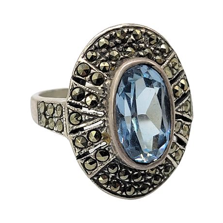 Sterling Silver Blue Topaz Marcasite Ring, Sz 7
