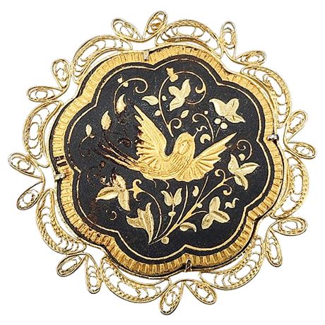 Vintage Spanish Damascene Bird Brooch in Gold Tone Filigree Frame