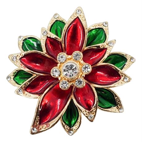 Vintage Monet Rhinestone & Enamel Poinsettia Brooch