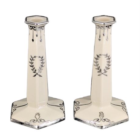 Pair Belleek Lenox Art Nouveau Candle Sticks Silver Overlay Hexagon