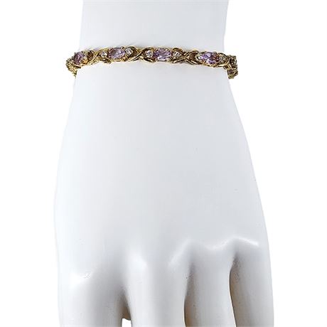 Gold Over Sterling Silver Amethyst & CZ "XO" Tennis Bracelet