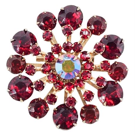 Vintage Red Prong Set Rhinestone Burst Brooch w/ Aurora Borealis Center
