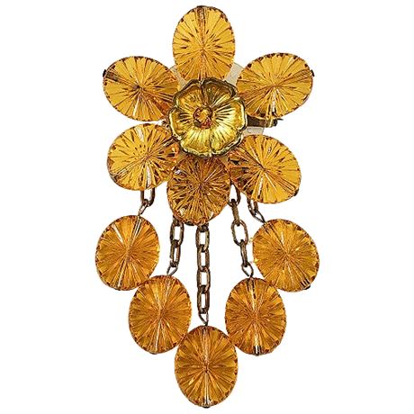 Vintage Amber Pressed Glass Flower Brooch