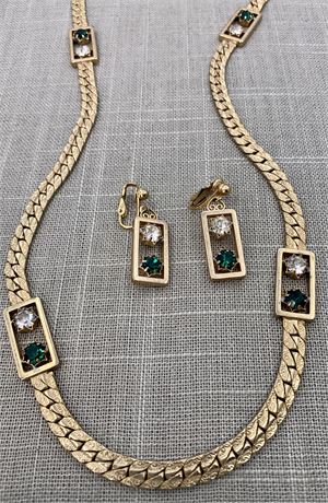 Ritzy Mid Century Faux Emerald & Diamond Necklace & Earring Set