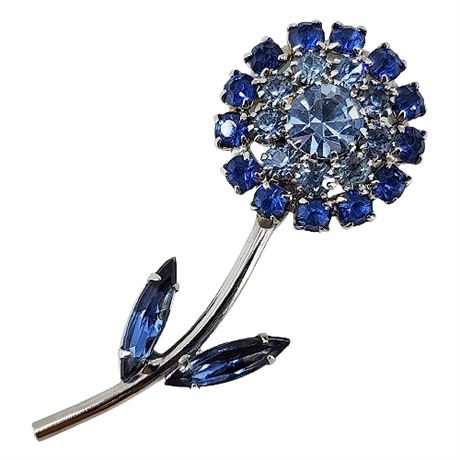 Vintage Blue Rhinestone Flower Brooch