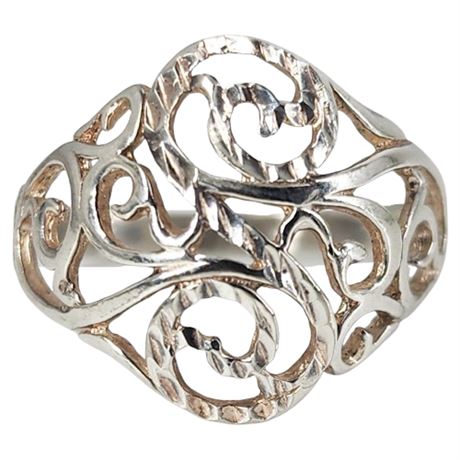 Vintage Sterling Silver Flash Cut Filigree Ring, Sz 7