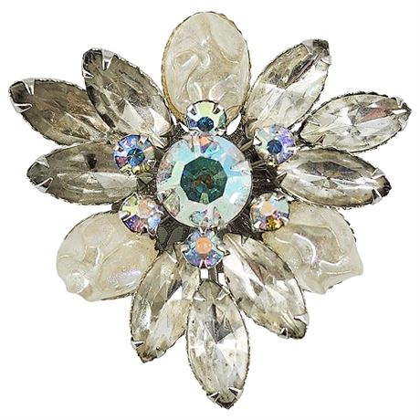 Vintage Aurora Borealis Rhinestone & Textured Glass Brooch