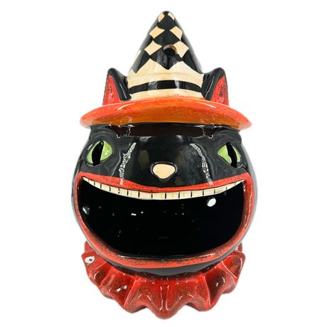 Vintage Style Ceramic Big Mouth Halloween Cat Candleholder