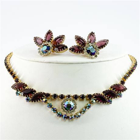 Vintage Gold Tone & Crystal Necklace & Earrings Set
