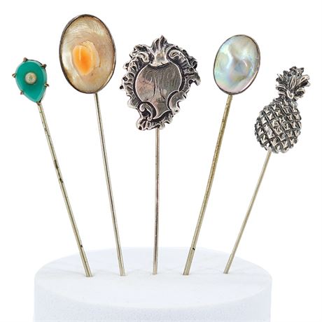 Five Vintage Stick Pins, Four Marked Sterling Silver