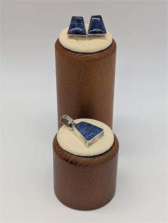 Pair Sterling Silver Pierced Blue Lapis Lazuli Earrings + Pendant