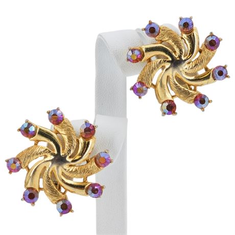 Vintage PUCCINI Aurora Borealis Rhinestone Sunburst Clip Earrings