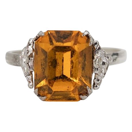 Vtg Sterling Silver Yellow Rhinestone Ring, Sz 6.5