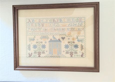 Framed Sampler Hand sewn "I will give him the morning star" 1990 Blue House