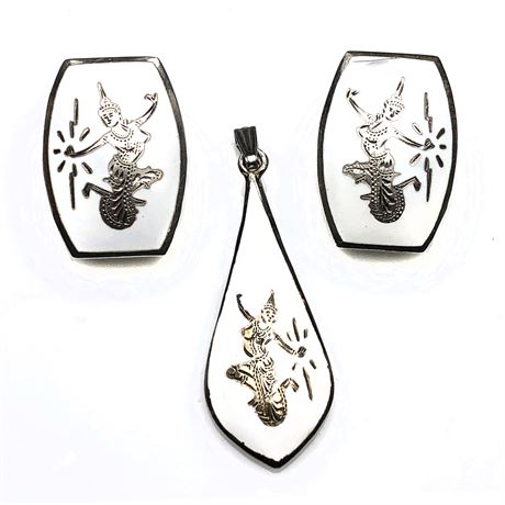 Vintage Siam Niello White Enamel Thai Goddess Sterling Silver Earrings & Pendant