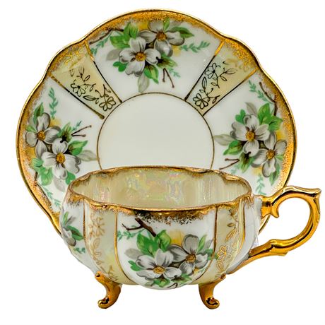 Vintage, Hand-Painted Footed Teacup and Saucer Set