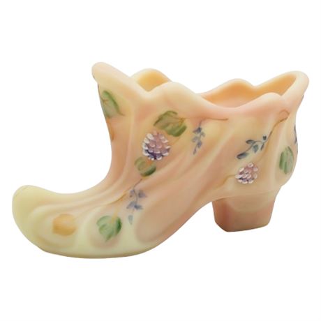 Vintage FENTON UV Reactive Burmese Hand Painted Satin Glass Shoe