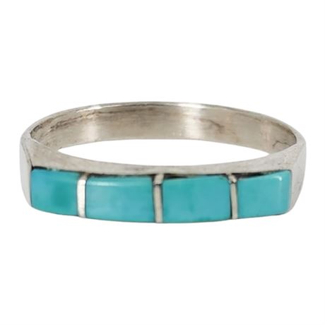 Vintage Native American Sterling Silver Turquoise Inlay Ring, Sz 7.5