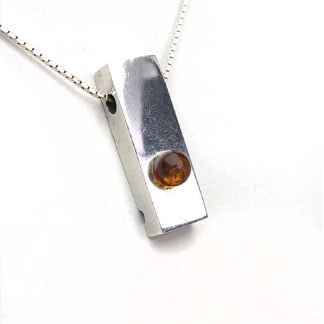 Vintage Modernist Signed AK Sterling Silver Amber Droplet Pendant Necklace