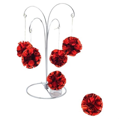 Six Vintage Atomic Foil Solid Red Pom-Pom Ornaments