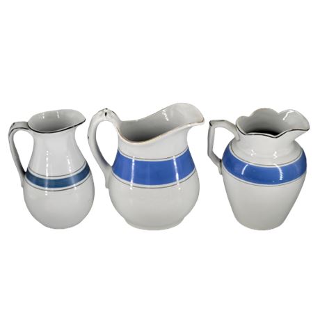Set of 3 White with Blue Stripe Pitchers