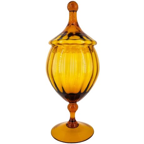 Vintage Empoli Italy Amber Glass Ribbed Apothecary Jar with Circus Tent Lid
