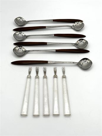 MCM Spoons with Wooden Handles & Vintage Lucite Forks