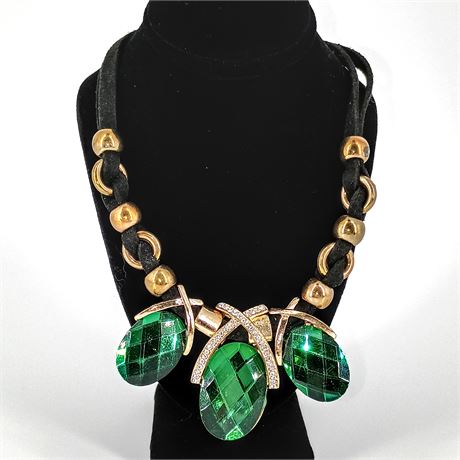Statement Necklace with Emerald-Green Faceted Drops & Gold-Tone Accents