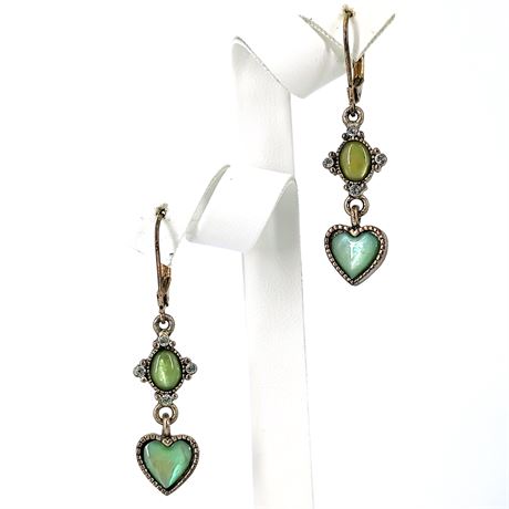 Vintage Gold Tone Green Heart Drop Earrings – Glass Cat’s Eye & Rhinestones