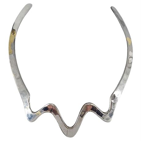 Vintage Silver Tone Hammered Brass Choker Collar Necklace