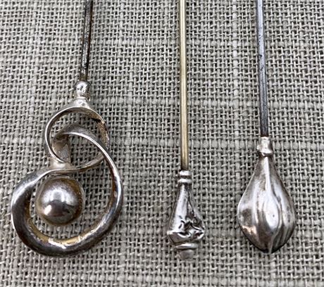 3 pc Antique to Vintage Millinery Hat Pins, 1 Hallmarked Silver