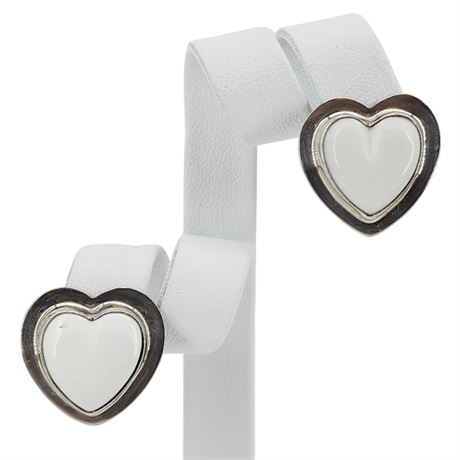 Vintage Native American Sterling Silver White Stone Heart Clip Earrings