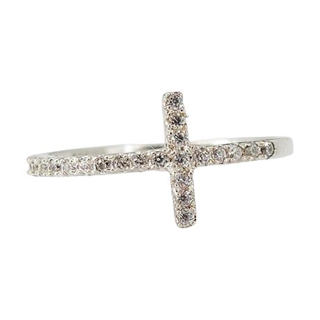 Vintage L/\ Sterling Silver CZ Cross Ring, Sz 7.5
