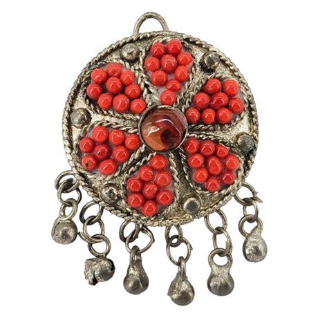 Vintage Silver Tone Tibetan Medallion & Bells Pendant