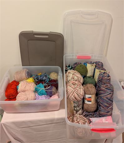 Lot of 2 plastic storage containers of yarn
