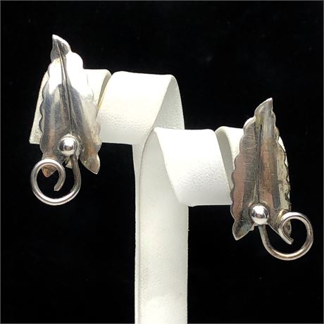 Vintage Handwrought Sterling Silver Modernist Leaf Earrings