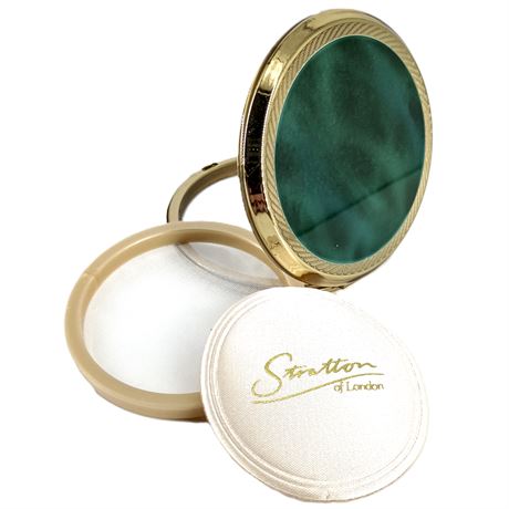 Vintage Stratton Powder Compact – Green Enamel Lid – Mirror – Original Puff