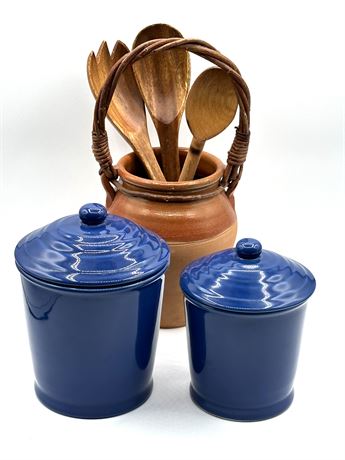 Blue Storage Jars & Ceramic Jar with Kitchen Utensils