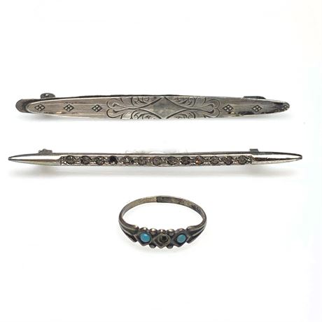 Vintage Sterling Silver Repair Lot Bar Brooches & Small Uncas Ring