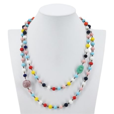 Vintage 44" Rosary Style Art Glass Bead Necklace